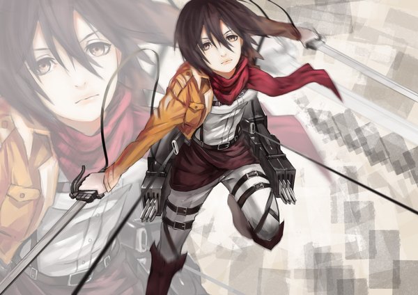 Anime picture 3508x2480 with shingeki no kyojin production i.g mikasa ackerman hq19910119 single looking at viewer highres short hair black hair holding brown eyes absurdres zoom layer dual wielding girl weapon sword jacket boots belt