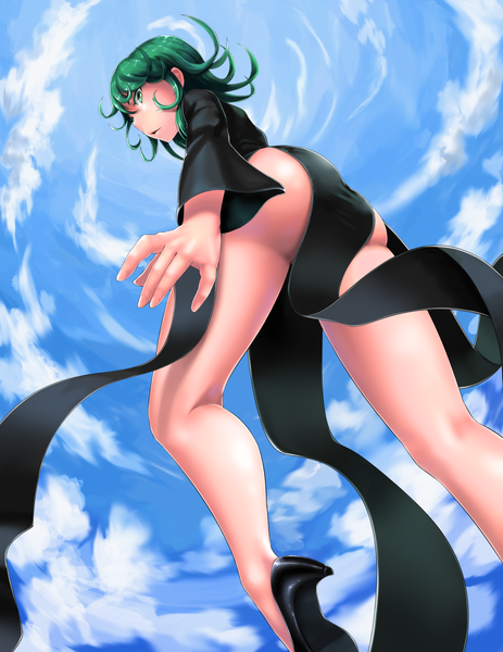 Anime picture 1013x1313 with one-punch man madhouse tatsumaki cloel single tall image fringe short hair open mouth light erotic green eyes sky cloud (clouds) bent knee (knees) ass profile green hair wide sleeves from below high heels