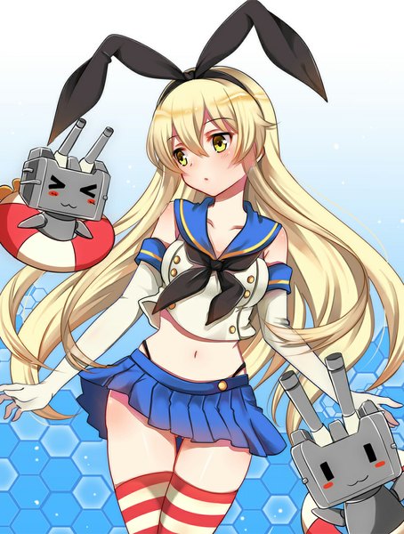 Anime picture 883x1167 with kantai collection shimakaze destroyer rensouhou-chan zonana single long hair tall image blush blonde hair bare shoulders yellow eyes looking away bare belly :3 > < girl thighhighs skirt gloves navel