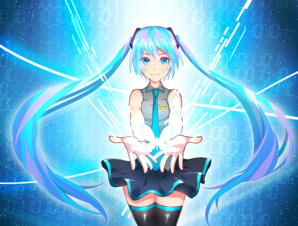 Anime picture 1345x1024 with vocaloid hatsune miku single looking at viewer smile twintails very long hair aqua eyes aqua hair zettai ryouiki girl thighhighs skirt necktie insect butterfly