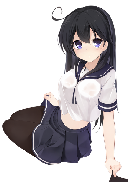 Anime picture 565x800 with kantai collection ushio destroyer netarou single long hair tall image looking at viewer blush fringe breasts light erotic black hair sitting purple eyes holding ahoge pleated skirt transparent background girl skirt