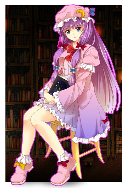 Anime picture 815x1200 with touhou patchouli knowledge x&x&x single long hair tall image looking at viewer open mouth blue eyes sitting purple hair girl dress bow hair bow boots bonnet