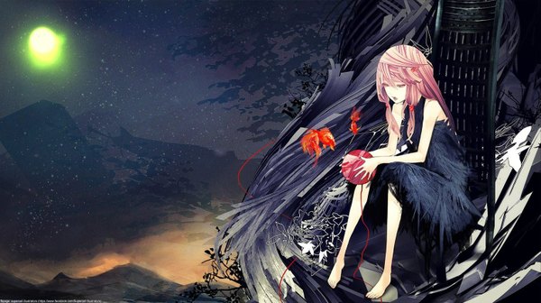 Anime picture 1517x850 with guilty crown production i.g yuzuriha inori redjuice single long hair open mouth wide image sitting twintails bare shoulders pink hair pink eyes barefoot night looking down mountain fog girl dress