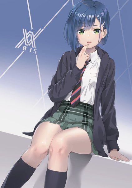 Anime picture 2894x4093 with darling in the franxx studio trigger ichigo (darling in the franxx) saruchitan single tall image looking at viewer blush fringe highres short hair open mouth hair between eyes sitting green eyes blue hair parted lips pleated skirt arm support open jacket