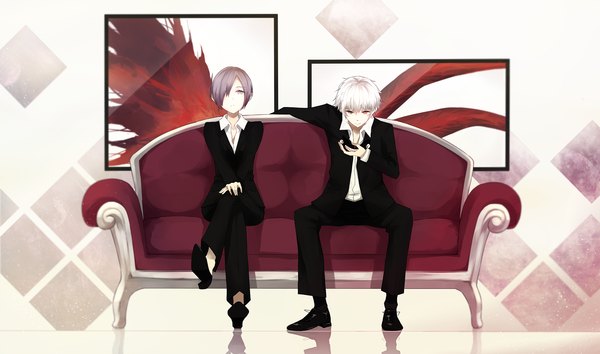 Anime picture 2405x1421 with tokyo ghoul tokyo ghoul:re studio pierrot kaneki ken kirishima touka sasaki haise gkn levi fringe highres short hair wide image sitting purple eyes purple hair white hair multicolored hair hair over one eye heterochromia crossed legs reflection