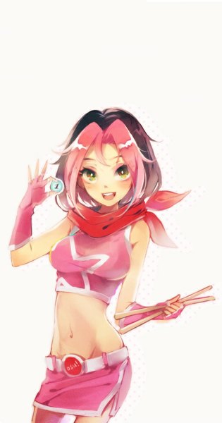 Anime picture 526x1000 with osu! pippi (osu!) siting zeng single tall image looking at viewer blush short hair open mouth black hair green eyes pink hair multicolored hair two-tone hair bare belly midriff sleeveless girl skirt gloves