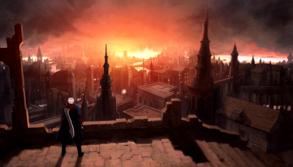 Anime picture 2968x1701 with devil may cry nero (devil may cry) highres wide image cloud (clouds) city evening sunset cityscape landscape boy