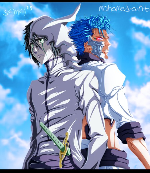 Anime picture 1064x1224 with bleach studio pierrot ulquiorra schiffer grimmjow jeagerjaques sama15 m-shu tall image short hair blue eyes black hair green eyes blue hair sky cloud (clouds) looking back horn (horns) multiple boys coloring facial mark back to back