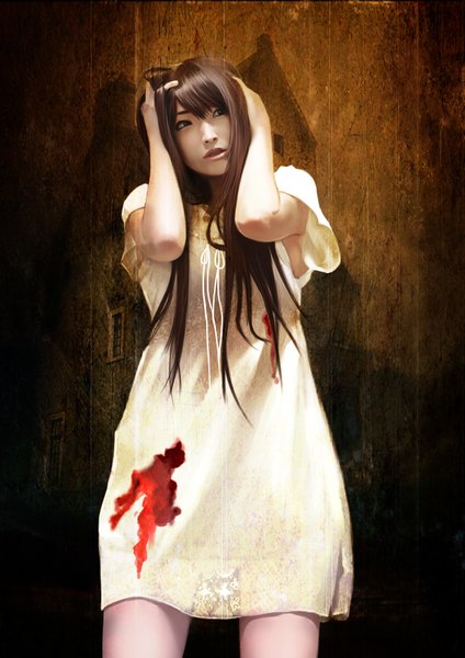 Anime picture 2480x3508 with original ares6792 single long hair tall image highres simple background brown hair black eyes realistic brown background bloody clothes girl dress blood