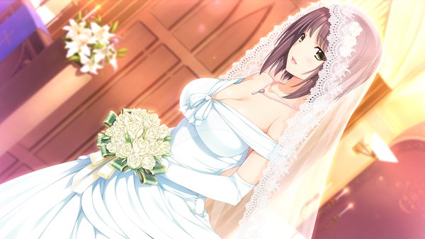 Anime picture 2558x1438 with niizuma lovely x cation kurihara aiko iizuki tasuku single looking at viewer fringe highres short hair breasts open mouth brown hair wide image large breasts brown eyes game cg cleavage girl dress gloves flower (flowers)