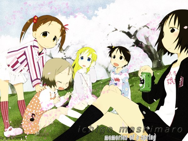 Anime picture 1280x960 with ichigo mashimaro matsuoka miu itou chika ana coppola sakuragi matsuri itou nobue hanami alcohol cigarette beer