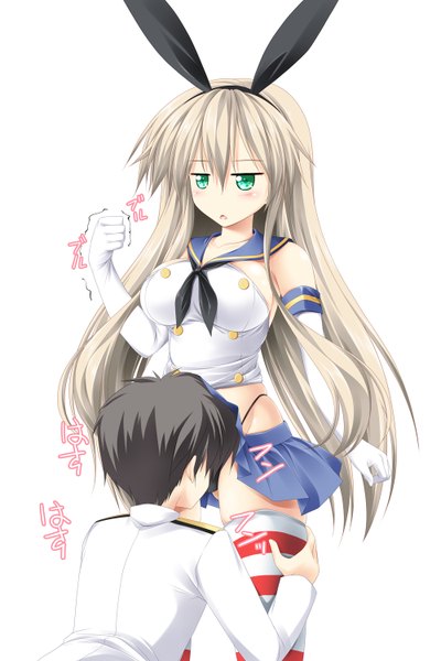 Anime picture 1000x1500 with kantai collection shimakaze destroyer admiral (kantai collection) kamiya tomoe long hair tall image blush short hair breasts light erotic black hair simple background large breasts white background green eyes girl thighhighs boy skirt gloves