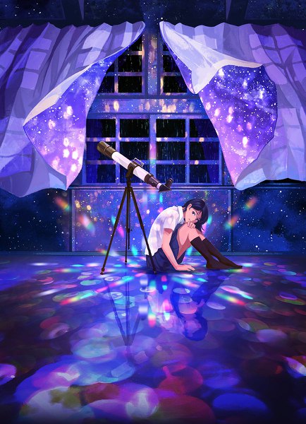 Anime picture 868x1200 with original gemi single long hair tall image black hair sitting full body indoors pleated skirt wind black eyes night leaning leaning forward night sky reflection floor space girl
