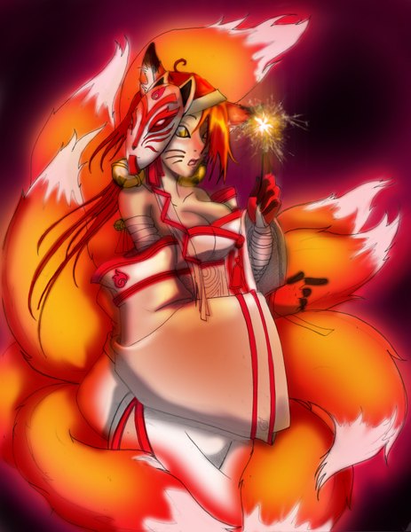 Anime picture 2550x3300 with league of legends ahri (league of legends) single long hair tall image highres bare shoulders animal ears yellow eyes traditional clothes animal tail fox ears facial mark multiple tails whisker markings mask on head girl bell mask bandage (bandages)