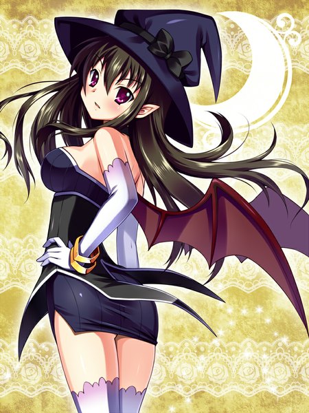 Anime picture 750x1000 with original bucchake (asami) single long hair tall image looking at viewer blush black hair purple eyes bare shoulders witch girl thighhighs dress gloves hat white thighhighs wings elbow gloves witch hat