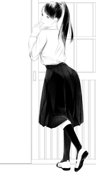 Anime picture 800x1486 with original sousou (sousouworks) single long hair tall image looking at viewer fringe simple background white background full body ponytail looking back from behind turning head monochrome girl uniform school uniform socks shoes