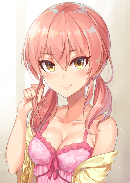 Anime picture 990x1388 with idolmaster idolmaster cinderella girls jougasaki mika yuuhi (ages) single tall image looking at viewer blush fringe breasts light erotic simple background smile hair between eyes twintails bare shoulders yellow eyes payot pink hair cleavage