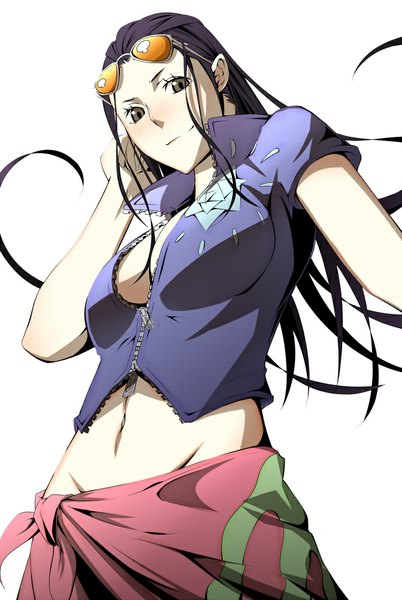 Anime picture 671x1000 with one piece toei animation nico robin sungi single long hair tall image looking at viewer blush black hair simple background smile white background brown eyes cleavage bare belly from below girl sunglasses