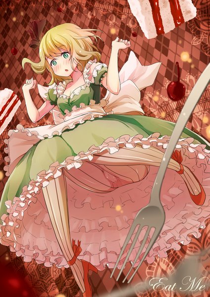Anime picture 827x1169 with vocaloid gumi dream-of-abell single tall image blush short hair light erotic blonde hair green eyes cameltoe upskirt girl dress pantyhose fork green dress