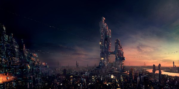 Anime picture 1200x600 with original aksu (artist) wide image sky city cityscape science fiction panorama building (buildings) tower