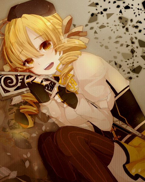 Anime picture 800x1000 with mahou shoujo madoka magica shaft (studio) tomoe mami itamidome single long hair tall image looking at viewer blush open mouth blonde hair smile yellow eyes lying drill hair abstract girl thighhighs skirt weapon
