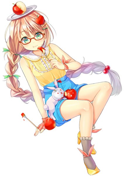 Anime picture 708x1000 with original k.y ko single long hair tall image looking at viewer blonde hair simple background white background green eyes braid (braids) girl animal glasses fruit bunny apple bitten apple apple bunny