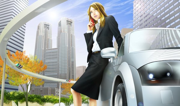 Anime picture 2000x1175 with original mai (b9035796) highres blonde hair wide image yellow eyes city girl skirt plant (plants) tree (trees) building (buildings) suit ground vehicle car phone traffic lights
