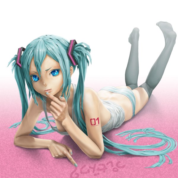 Anime picture 3000x3000 with vocaloid hatsune miku pi (pppppchang) single long hair fringe highres breasts blue eyes light erotic simple background twintails looking away lying very long hair nail polish aqua eyes lips realistic aqua hair
