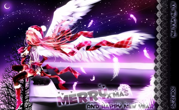 Anime picture 1294x800 with original willfin single long hair open mouth wide image pink hair eyes closed profile night christmas crescent merry christmas girl thighhighs dress black thighhighs wings boots moon