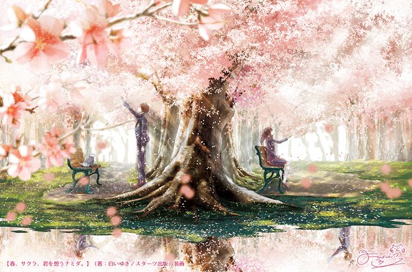 Anime picture 1100x729 with original fusui long hair brown hair standing sitting outdoors profile arm up wind sunlight cherry blossoms reflection sunbeam lake different reflection girl boy uniform flower (flowers)