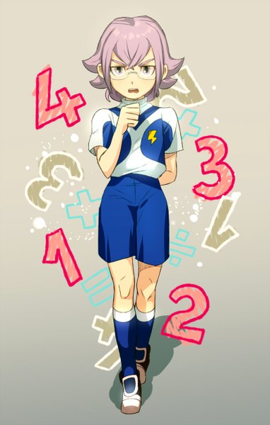 Anime picture 800x1255 with inazuma eleven inazuma eleven go manabe jin'ichirou yanyo (ogino atsuki) single tall image looking at viewer short hair open mouth simple background purple eyes purple hair grey background shadow boy uniform glasses gym uniform soccer uniform