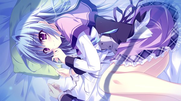 Anime picture 1280x720 with koi ga saku koro sakura doki tsukishima yuuri single long hair blush wide image purple eyes blue hair game cg lying light smile girl dress handcuffs