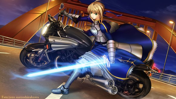 Anime picture 1920x1080 with fate (series) fate/stay night fate/zero studio deen type-moon artoria pendragon (all) saber shirakawa mayo (artist) single highres short hair blonde hair wide image green eyes ahoge night girl dress ribbon (ribbons) weapon