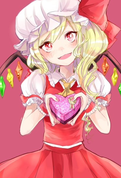 Anime picture 750x1100 with touhou flandre scarlet rosette (roze-ko) single tall image looking at viewer blush short hair simple background blonde hair smile red eyes head tilt short sleeves puffy sleeves red background girl dress skirt bow