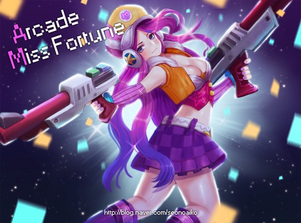 Anime picture 1000x743 with league of legends miss fortune (league of legends) arcade miss fortune (league of legends) hanato (seonoaiko) single long hair blush blue eyes pink hair purple hair multicolored hair two-tone hair character names checkered skirt girl skirt weapon headphones gun pistol