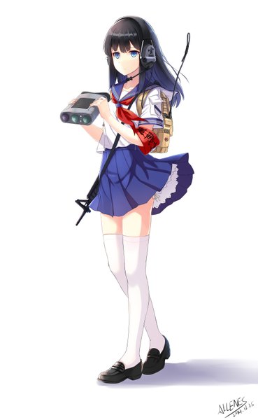 Anime picture 4173x6771 with original allenes single long hair tall image highres blue eyes black hair simple background white background absurdres girl thighhighs uniform weapon white thighhighs serafuku headphones gun