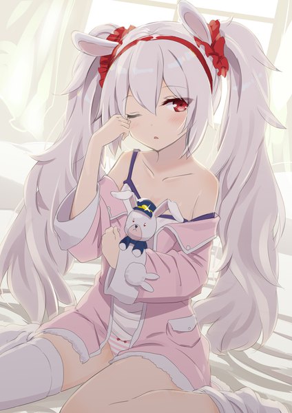 Anime picture 868x1228 with azur lane laffey (azur lane) gotyou single long hair tall image looking at viewer blush fringe light erotic hair between eyes red eyes sitting twintails bare shoulders holding animal ears payot silver hair indoors