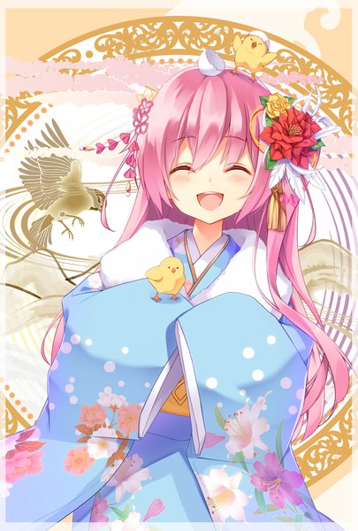 Anime picture 1377x2039 with original mafuyun single long hair tall image blush open mouth smile pink hair eyes closed long sleeves traditional clothes japanese clothes happy framed ^ ^ new year happy new year animal on head bird on hand