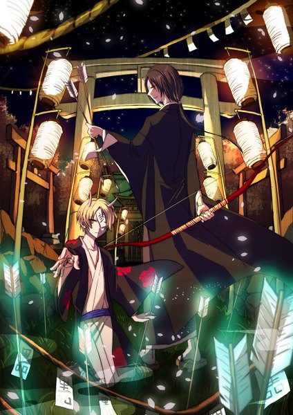 Anime picture 1000x1414 with natsume yuujinchou brains base (studio) natsume takashi matoba seiji jiwajiwa saikai long hair tall image looking at viewer short hair black hair blonde hair red eyes standing yellow eyes japanese clothes horn (horns) from behind night multiple boys night sky