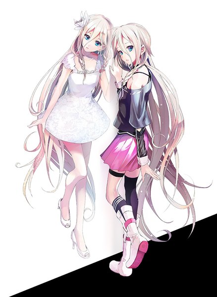 Anime picture 730x1000 with vocaloid ia (vocaloid) akasaka aka tall image looking at viewer fringe blonde hair hair between eyes standing multiple girls silver hair full body ahoge bent knee (knees) very long hair parted lips head tilt pleated skirt looking back arm up