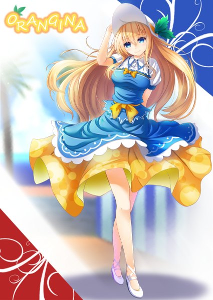 Anime picture 868x1226 with orangina noe noel single long hair tall image looking at viewer blush blue eyes blonde hair smile barefoot inscription legs hands behind back walking adjusting hat girl dress bow ribbon (ribbons)