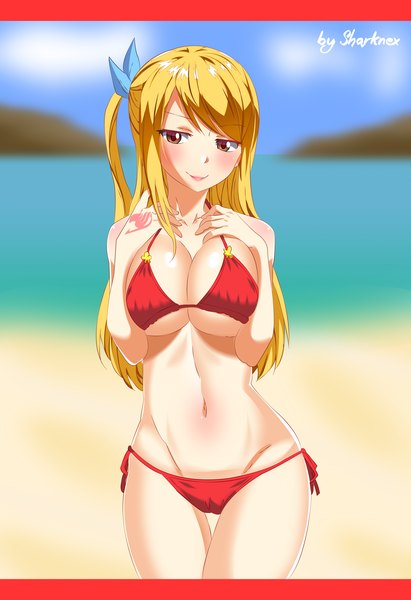 Anime picture 2947x4300 with fairy tail lucy heartfilia sharknex single long hair tall image looking at viewer blush highres breasts light erotic blonde hair smile large breasts bare shoulders brown eyes cloud (clouds) bare belly tattoo lipstick