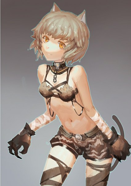 Anime picture 637x899 with original zxq single tall image looking at viewer fringe short hair simple background smile brown hair bare shoulders brown eyes animal ears tail animal tail cat ears grey background bare belly cat girl cat tail