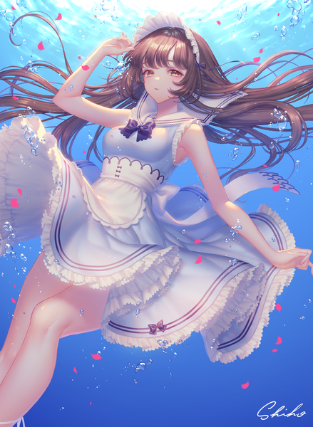 Anime picture 1326x1812 with original sakura shiho single long hair tall image looking at viewer fringe brown hair brown eyes signed payot maid floating hair underwater sailor collar girl uniform petals headdress maid headdress