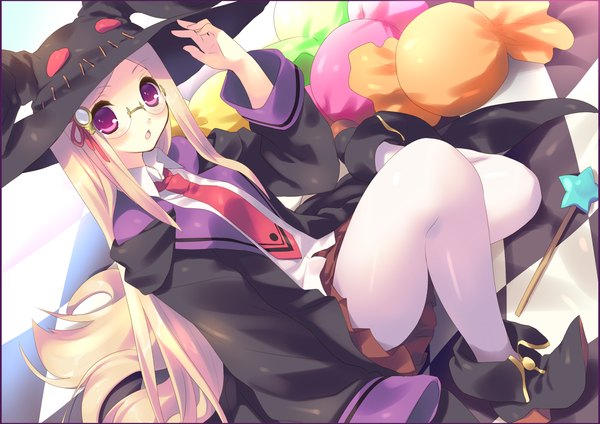 Anime picture 1500x1061 with ookami-san to shichinin no nakama-tachi j.c. staff majolica le fay long hair blonde hair purple eyes checkered floor witch girl hat pantyhose glasses witch hat candy