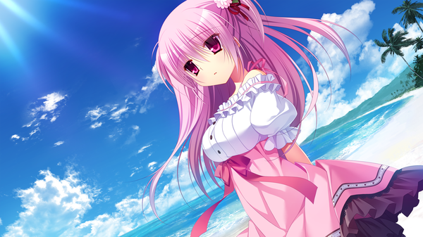 Anime picture 2560x1440 with innocent girl midou konoka nanaka mai single long hair highres wide image pink hair game cg sky cloud (clouds) pink eyes beach girl dress sea