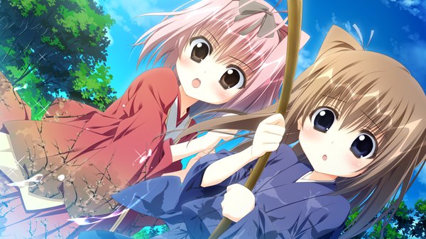 Anime picture 1280x720 with kotoba no kieta hi mizukashi aoi motoyon long hair looking at viewer blush short hair open mouth blue eyes brown hair wide image multiple girls brown eyes pink hair game cg sky cloud (clouds) traditional clothes japanese clothes girl