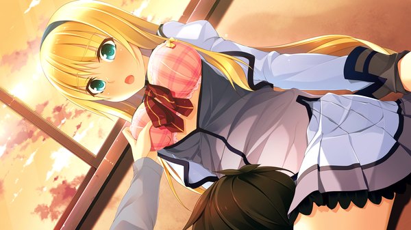 Anime picture 1280x720 with hyouka no mau sora ni alictia bright long hair open mouth light erotic blonde hair wide image green eyes game cg open clothes open shirt girl uniform school uniform hairband