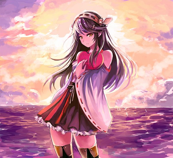 Anime picture 891x818 with kantai collection haruna battleship nr noir single long hair fringe black hair standing bare shoulders yellow eyes sky cloud (clouds) horizon valentine nontraditional miko girl thighhighs hair ornament detached sleeves animal