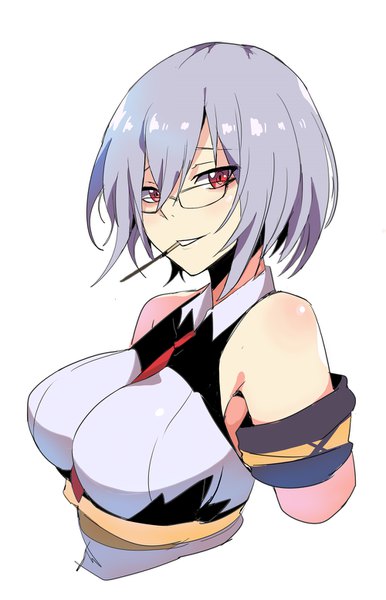 Anime picture 1000x1554 with girls frontline thompson submachine gun (girls frontline) ururu single tall image looking at viewer fringe short hair breasts simple background hair between eyes red eyes large breasts white background bare shoulders silver hair portrait girl glasses necktie
